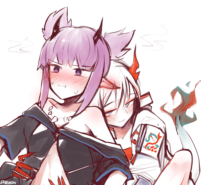 2girls abs arknights blush daiishori demon_horns embarrassed fiery_tail highres horns hug hug_from_behind lava_(arknights) multiple_girls nian_(arknights) pointy_ears tail touching yuri