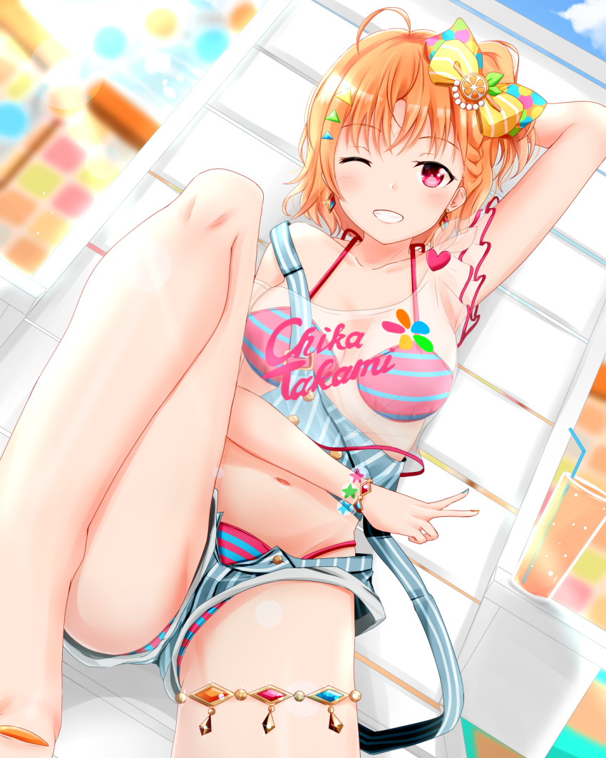 1girl :d antenna_hair arm_behind_head arm_up bangs barefoot beach_chair bikini blue_sky blush bow braid breasts clouds collarbone drink drinking_straw earrings hair_bow hair_ornament hairclip halterneck highres jewelry kamesys knee_up looking_at_viewer love_live! love_live!_sunshine!! medium_breasts medium_hair nail_polish navel off-shoulder_shirt off_shoulder one_eye_closed open_mouth orange_bow orange_hair orange_juice outdoors polka_dot polka_dot_bow red_eyes see-through see-through_skirt see-through_sleeves shirt short_sleeves shorts sitting skirt sky smile solo strap_slip striped striped_bikini striped_shorts striped_tank_top swimsuit takami_chika tank_top teeth thighlet two-tone_bikini unbuttoned_shorts v