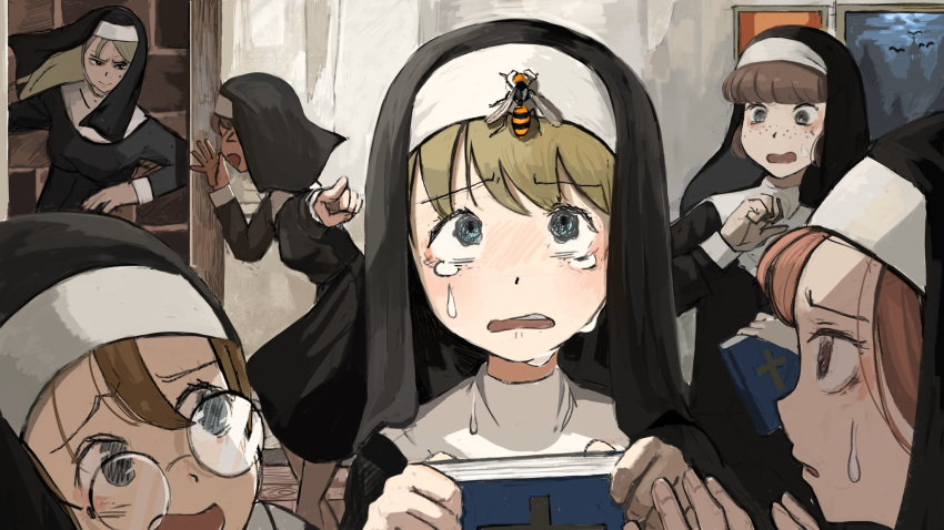 bangs bible blonde_hair book bug catholic cross diva_(hyxpk) dress freckles glasses habit highres hornet insect insect_on_head long_hair long_sleeves multiple_girls nun on_head open_mouth original pointing short_hair sweat tears wings