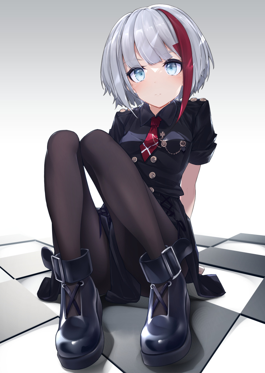 1girl absurdres admiral_graf_spee_(azur_lane) admiral_graf_spee_(maiden's_sunday)_(azur_lane) arm_support arms_behind_back azur_lane black_footwear black_legwear black_shirt black_skirt blue_eyes boots checkered checkered_floor closed_mouth collared_shirt commentary expressionless eyebrows_visible_through_hair full_body highres knees_up multicolored_hair necktie nta_(drapa_box10) pantyhose red_neckwear redhead revision shirt short_hair short_sleeves silver_hair sitting skirt solo streaked_hair two-tone_hair