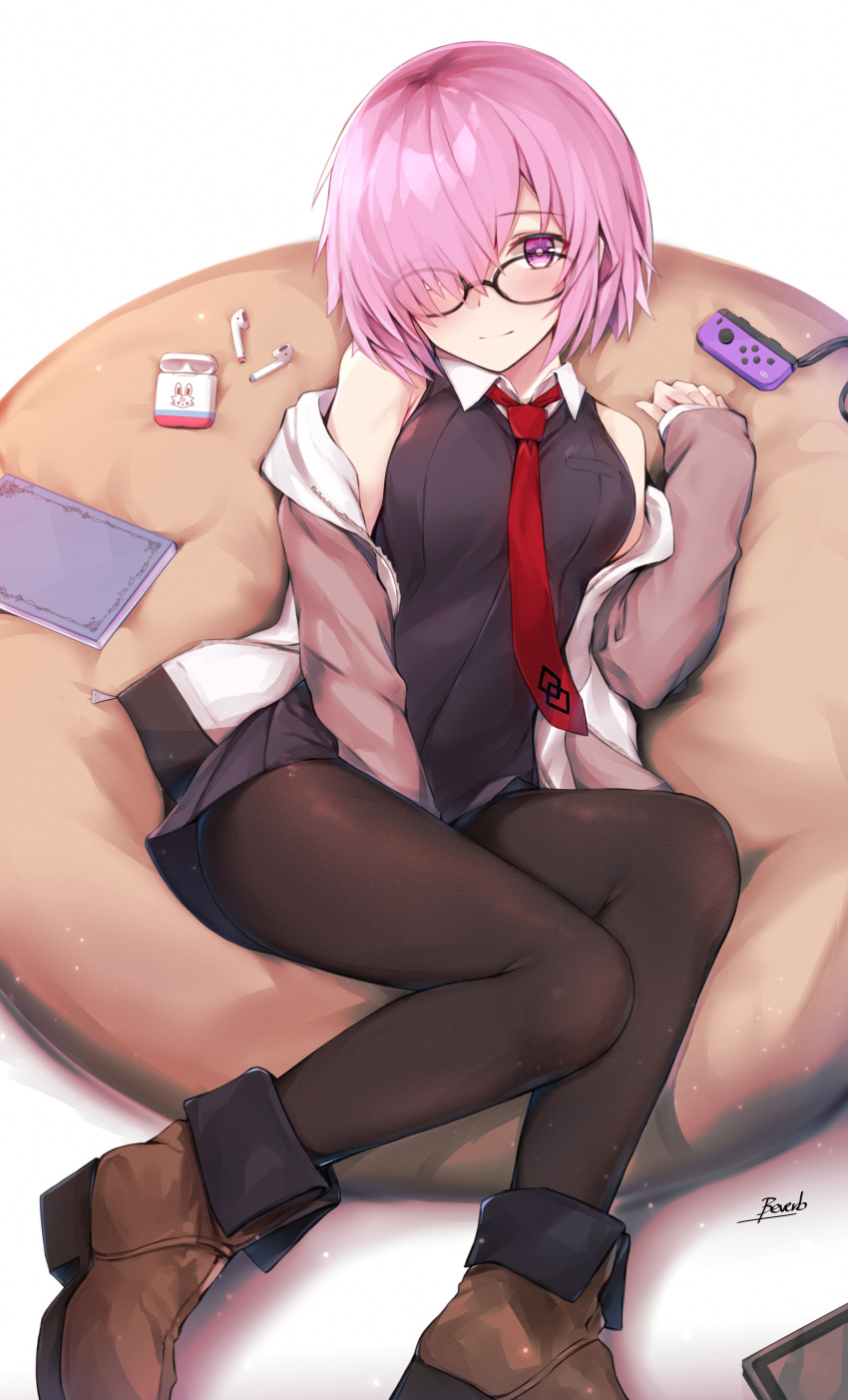 1girl absurdres ankle_boots bare_shoulders bee_doushi between_legs black-framed_eyewear black_dress blush book boots breasts brown_footwear brown_legwear closed_mouth cushion dress earphones earphones fate/grand_order fate_(series) glasses grey_sleeves hair_over_one_eye hand_between_legs highres jacket joy-con long_sleeves looking_at_viewer lying mash_kyrielight medium_breasts necktie nintendo_switch off_shoulder on_back open_clothes open_jacket pantyhose purple_hair red_neckwear revision short_hair signature simple_background smile solo track_jacket violet_eyes white_background white_jacket wing_collar