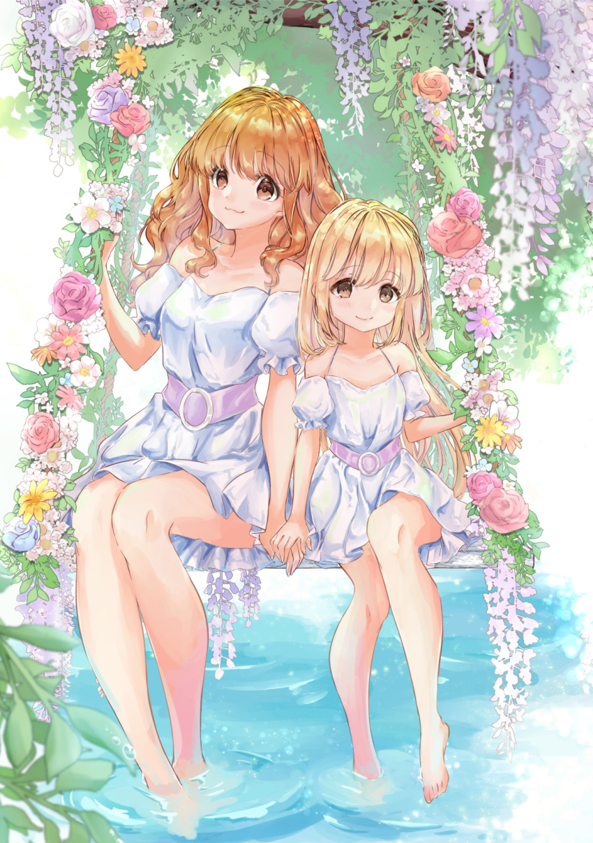 2girls :3 alternate_hairstyle aoba_yukichi barefoot blonde_hair dress flower futaba_anzu hair_down highres holding_hands idolmaster idolmaster_cinderella_girls matching_outfit moroboshi_kirari multiple_girls orange_eyes orange_hair sitting soaking_feet wavy_hair white_dress yellow_eyes