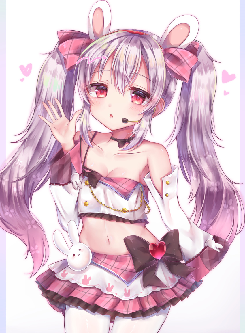 1girl absurdres animal_ears azur_lane bangs baozi bare_shoulders blush bow breasts detached_sleeves eyebrows_visible_through_hair fake_animal_ears food hair_between_eyes hair_bow hairband hand_up headset heart highres himeno_candy idol jacket laffey_(azur_lane) laffey_(halfhearted_bunny_idol)_(azur_lane) leggings long_hair long_sleeves looking_at_viewer microphone midriff navel open_mouth pink_jacket pink_skirt plaid plaid_skirt pleated_skirt rabbit_ears red_eyes ribbon simple_background skirt solo twintails waving white_hair white_legwear