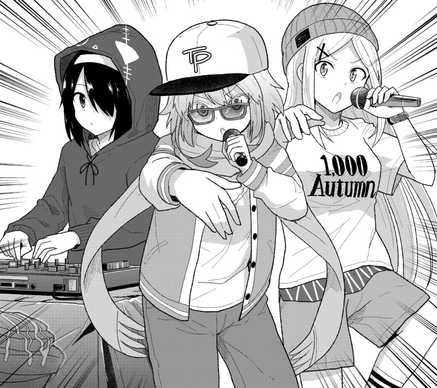 3girls alternate_costume baseball_cap chisaki_tapris_sugarbell closed_mouth denim eyebrows_visible_through_hair gabriel_dropout greyscale hair_ornament hair_over_one_eye hairband hat highres holding holding_microphone hood hood_up hoodie jacket jeans kurona_mei long_hair long_sleeves looking_at_viewer medium_hair microphone monochrome multiple_girls open_mouth pants scarf shinohara_chiaki short_hair short_sleeves sunglasses tenma-gav track_jacket very_long_hair x_hair_ornament