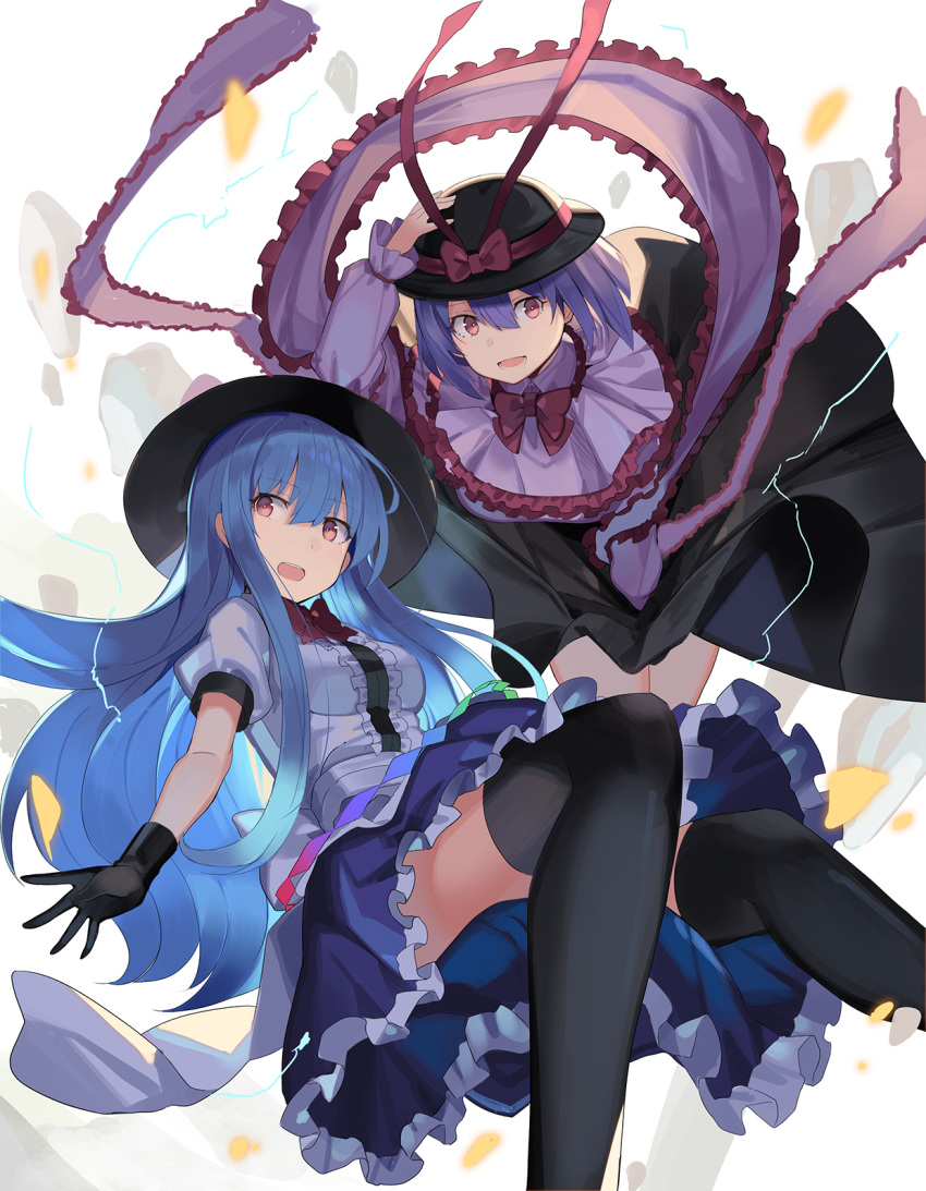 2girls black_gloves black_headwear black_legwear blouse blue_hair blue_skirt bow bowtie center_frills commentary_request electricity feet_out_of_frame frilled_skirt frills gloves hand_on_headwear hat hat_bow hat_ribbon highres hinanawi_tenshi invisible_chair long_hair long_skirt long_sleeves looking_at_viewer multiple_girls nagae_iku open_mouth puffy_short_sleeves puffy_sleeves purple_hair red_eyes ribbon rin_falcon shawl short_sleeves sitting skirt thigh-highs touhou waist_bow white_blouse wind wind_lift