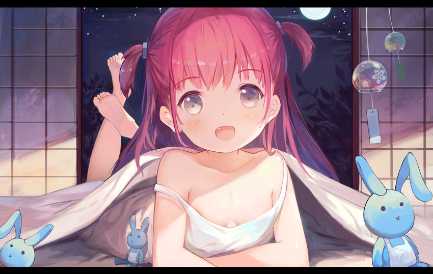 1girl :d :x bangs bare_arms bare_shoulders barefoot blush breasts brown_eyes closed_mouth commentary_request dress eyebrows_visible_through_hair fang feet full_moon indoors katou_umi legs_up leilin letterboxed long_hair looking_at_viewer lying moon night on_stomach open_mouth photoshop_(medium) redhead revision sleeveless sleeveless_dress small_breasts smile soles solo strap_slip stuffed_animal stuffed_bunny stuffed_toy summer_pockets two_side_up very_long_hair white_dress wind_chime