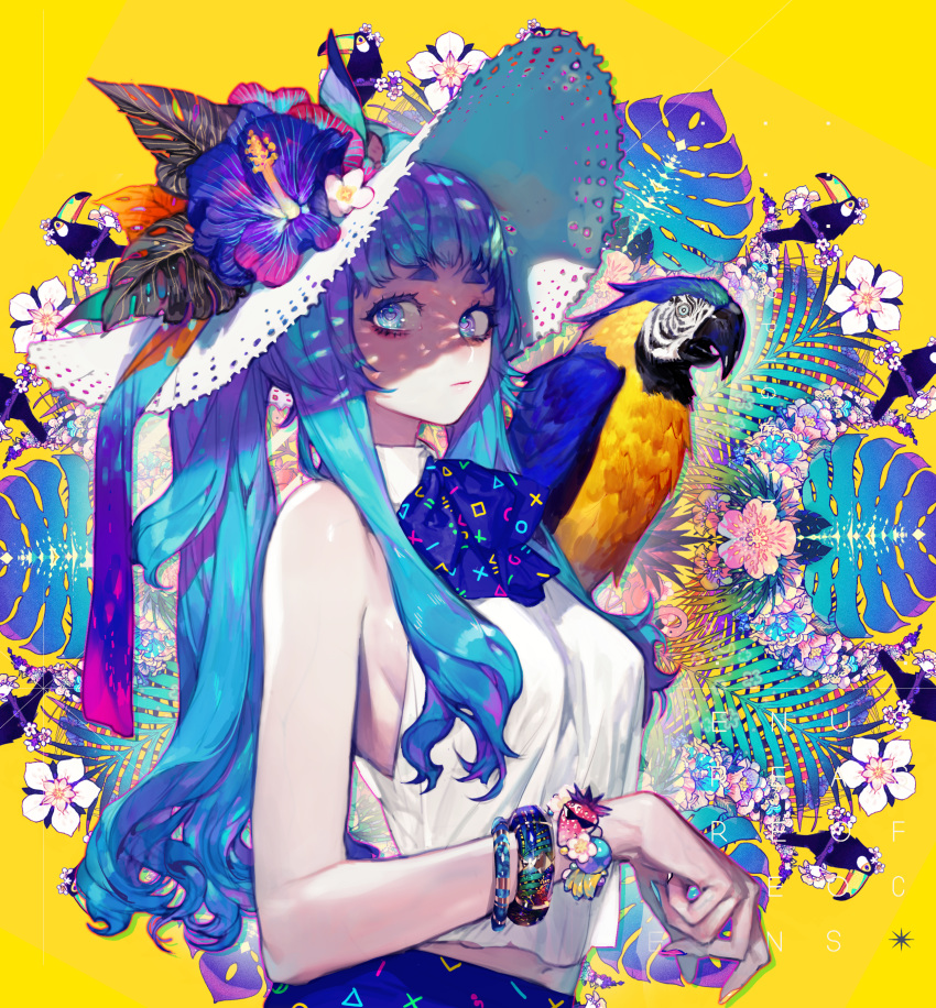 1girl absurdres animal_on_shoulder aqua_eyes bangs bare_arms bare_shoulders bird blue_bow blue_eyes blue_hair bow bracelet breasts circle closed_mouth cross flower from_side hat hat_flower heart heart-shaped_pupils highres jewelry long_hair looking_at_viewer medium_breasts original parrot pigeon666 pink_flower purple_flower red_flower shirt simple_background sleeveless solo straw_hat sun_hat symbol-shaped_pupils thick_eyebrows toucan triangle upper_body white_flower white_headwear white_shirt yellow_background