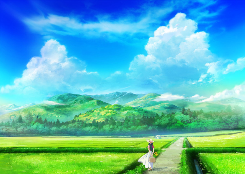 1girl black_hair blue_sky building chimneyart clouds day dress flower hat landscape luggage mountainous_horizon original outdoors rice_paddy rural scenery sky solo standing summer sun_hat sundress sunflower tree white_dress