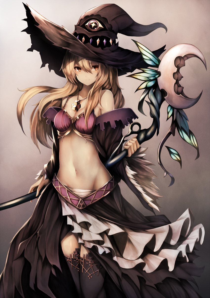 1girl absurdres bare_shoulders black_headwear black_legwear black_skirt blonde_hair dorothy_(shingeki_no_bahamut) gradient gradient_background groin hat highres jewelry long_hair long_sleeves looking_at_viewer midriff navel necklace off_shoulder red_eyes revealing_clothes revision shadowverse showgirl_skirt skirt snm_(sunimi) solo staff standing thigh-highs weapon wide_sleeves witch witch_hat