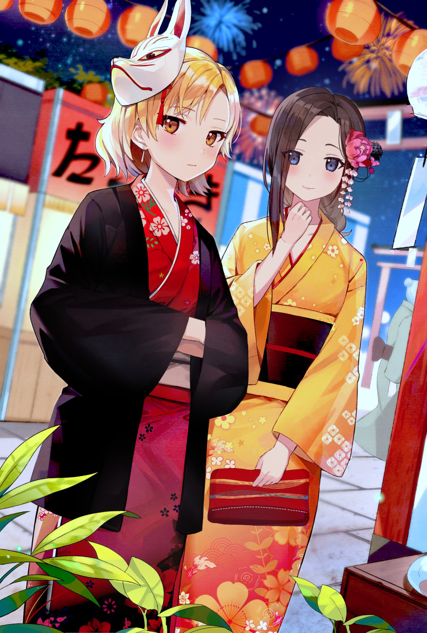 2girls :| bang_dream! bangs black_hair blue_eyes blush clenched_hand closed_mouth duplicate earrings festival fireworks floral_print flower food_stand fox_mask hair_flower hair_ornament hands_in_opposite_sleeves highres holding japanese_clothes jewelry kanzashi kimono kongya lantern layer_(bang_dream!) long_sleeves looking_at_viewer mask mask_on_head masking_(bang_dream!) multiple_girls night no_bangs obi outdoors paper_lantern parted_bangs parted_hair raise_a_suilen red_kimono sash smile standing wide_sleeves yellow_eyes yellow_kimono yukata