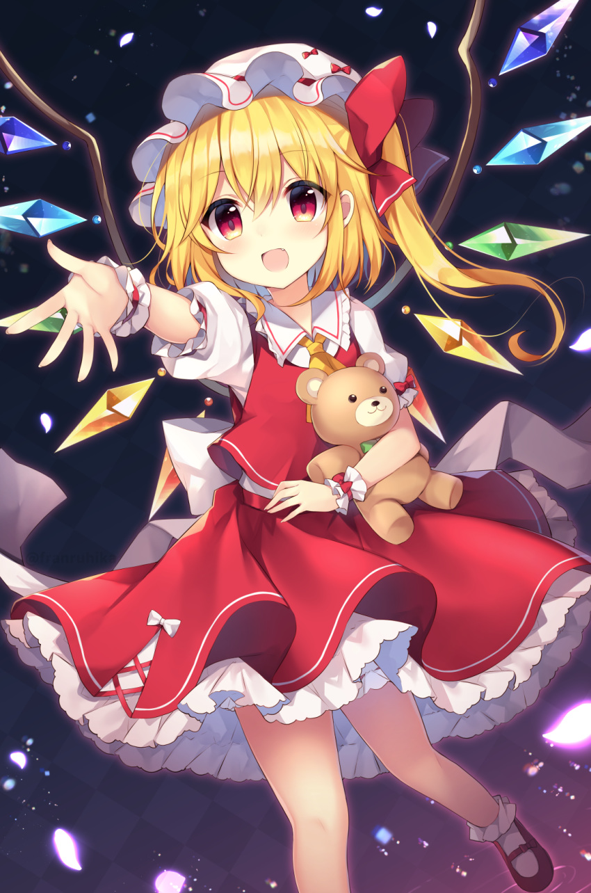 1girl ankle_socks arms_up black_background blonde_hair checkered checkered_background commentary_request contrapposto cravat eyebrows_visible_through_hair fang flandre_scarlet gradient gradient_background hair_between_eyes hat hat_ribbon highres holding holding_stuffed_animal leg_lift light_particles looking_at_viewer mary_janes mob_cap one_side_up open_mouth outstretched_hand petals petticoat puffy_short_sleeves puffy_sleeves purple_background reaching_out red_eyes red_footwear red_skirt red_vest ribbon ruhika shirt shoes short_hair short_sleeves skirt solo standing standing_on_one_leg stuffed_animal stuffed_toy teddy_bear touhou vest white_headwear white_legwear white_shirt wings yellow_neckwear