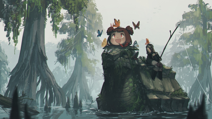 1girl :d bug butterfly disembodied_head dullahan fantasy fingerless_gloves fishing fishing_rod gloves grass headless highres insect moss open_mouth original porforever red_eyes redhead riding short_twintails sitting smile swamp tree turtle twintails