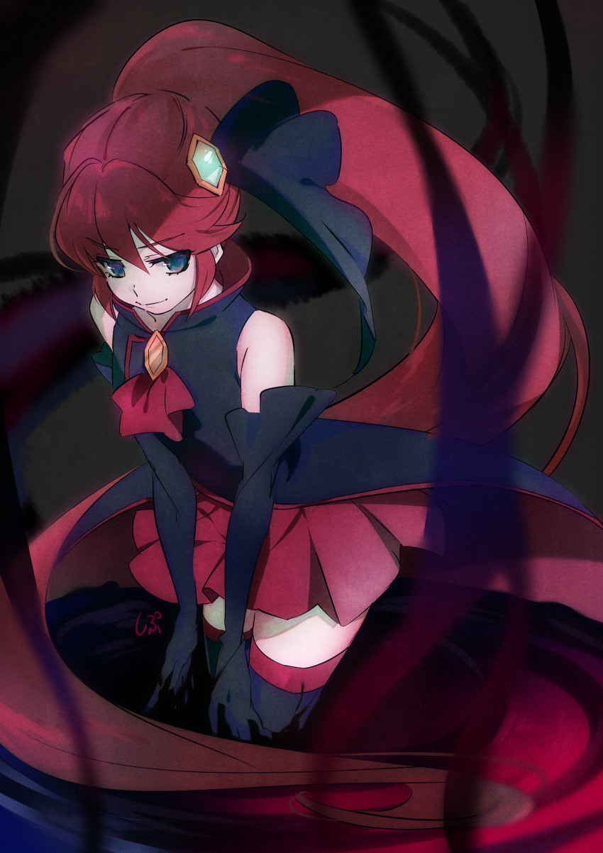 1girl absurdly_long_hair absurdres bangs black_gloves black_legwear blue_eyes closed_mouth cowboy_shot elbow_gloves eyebrows_visible_through_hair gloves hair_between_eyes hair_ornament happinesscharge_precure! highres long_hair miniskirt pleated_skirt ponytail precure red_neckwear red_skirt redhead shiny shiny_hair shipu_(gassyumaron) skirt smile solo thigh-highs unlovely_(happinesscharge_precure!) very_long_hair zettai_ryouiki