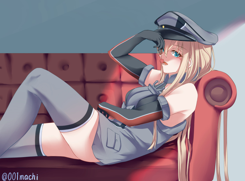 001machi 1girl absurdres bismarck_(kantai_collection) blonde_hair blue_eyes breastplate breasts cherry couch detached_sleeves food fruit grey_legwear hat highres kantai_collection kriegsmarine large_breasts long_hair military military_hat military_uniform peaked_cap reclining thigh-highs twitter_username two-tone_background uniform