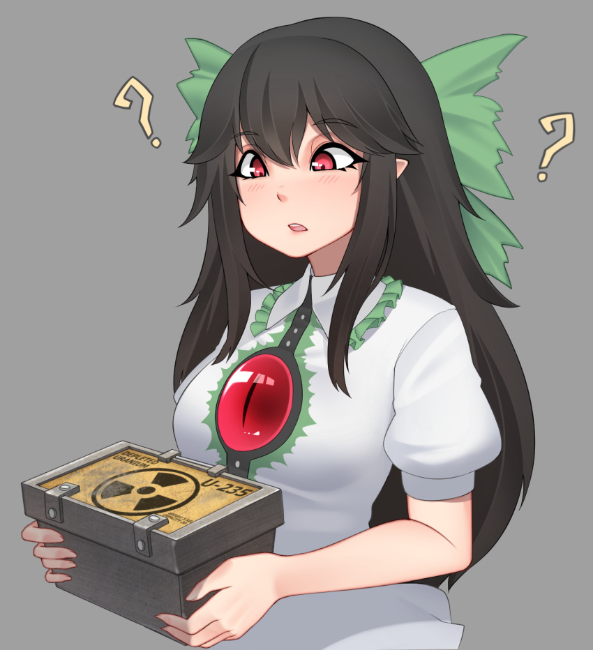 1girl ? bangs black_hair bow box breasts commentary english_commentary eyebrows_visible_through_hair frilled_shirt_collar frills green_bow grey_background hair_between_eyes hair_bow half-life highres holding holding_box long_hair medium_breasts mochi_(chain_csn) open_mouth pointy_ears puffy_short_sleeves puffy_sleeves radiation_symbol red_eyes reiuji_utsuho shirt short_sleeves sidelocks simple_background solo touhou upper_body white_shirt