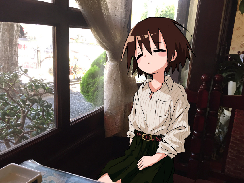 1girl absurdres belt blush_stickers brown_hair closed_eyes collared_shirt green_skirt highres kill_me_baby long_sleeves nadegata oribe_yasuna parted_lips photo_background shirt sitting skirt sleeping sleeping_upright solo striped striped_shirt vertical-striped_shirt vertical_stripes white_shirt window wing_collar