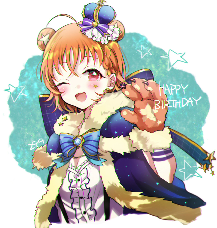 299_(horisso) :d ;d ahoge alternate_hairstyle aqua_background artist_name back_bow bangs blue_neckwear bow bowtie braid brooch center_frills commentary_request crown double_bun earrings fang fur-trimmed_gloves fur_trim gloves hand_up happy_birthday highres jewelry love_live! love_live!_sunshine!! one_eye_closed open_mouth orange_hair paw_gloves paws purple_bow red_eyes short_hair side_braid skin_fang smile star_(symbol) star_earrings striped striped_bow suspenders takami_chika