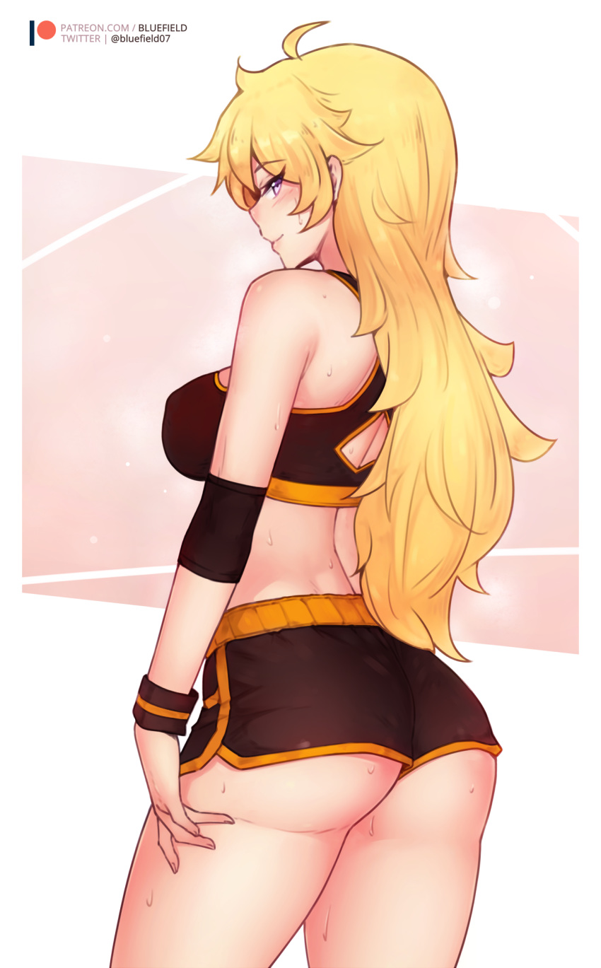 1girl ahoge alternate_costume arm_at_side artist_name ass back back_cutout bangs bare_shoulders black_shorts blonde_hair bluefield breasts commentary crop_top eyebrows_visible_through_hair from_behind highres large_breasts long_hair looking_at_viewer looking_back midriff patreon_logo patreon_username rwby short_shorts shorts smile solo sports_bra sweat thighs violet_eyes watermark web_address wristband yang_xiao_long