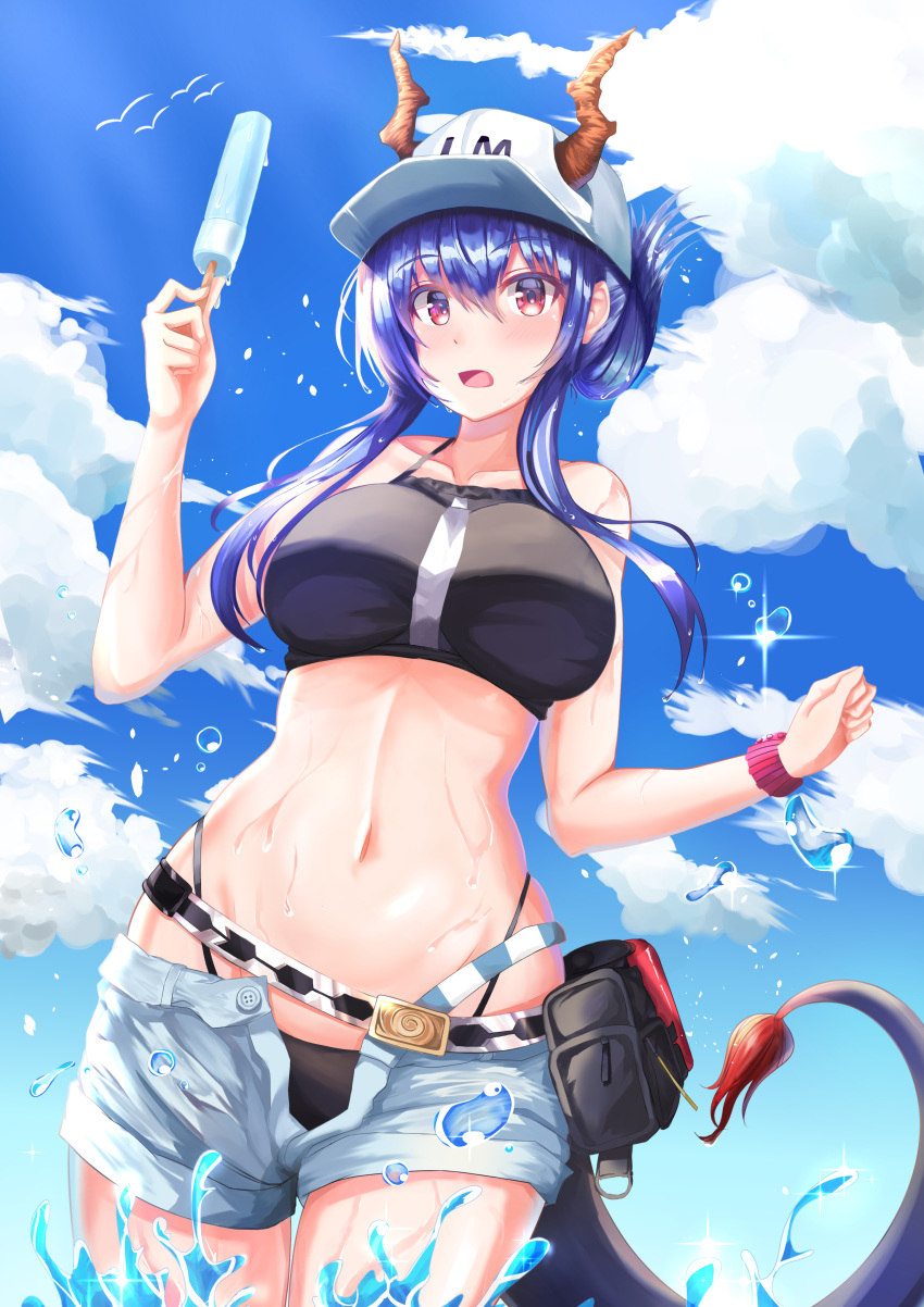 1girl absurdres arknights bangs bare_arms bare_shoulders baseball_cap belt bikini black_bikini blue_hair blue_sky blush breasts ch'en_(arknights) clouds commentary cowboy_shot day dragon_horns dragon_tail eyebrows_visible_through_hair food grey_shorts hair_between_eyes hand_up hat highleg highleg_bikini highres holding holding_food horns large_breasts long_hair looking_at_viewer navel open_fly open_mouth popsicle pouch revision short_shorts shorts sidelocks sirius_(gliese6016) sky solo sparkle standing stomach swimsuit tail violet_eyes water_drop white_headwear wristband