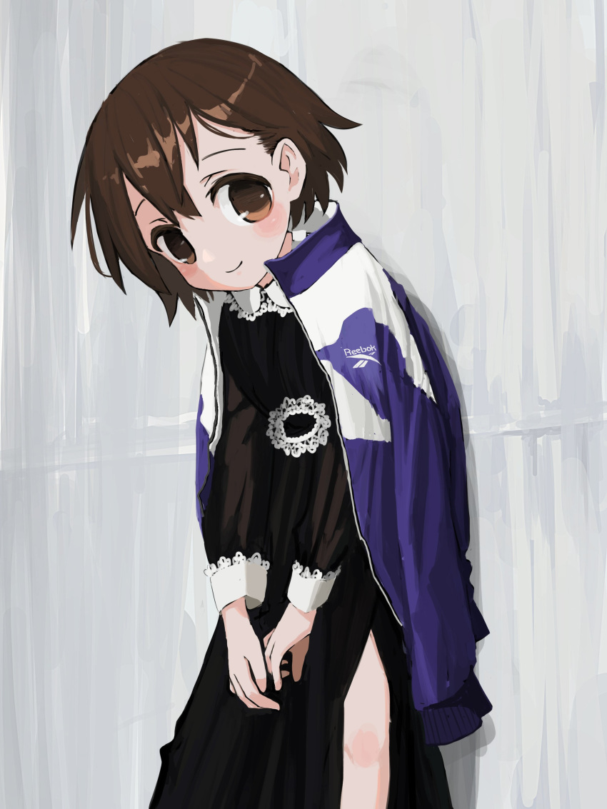 1girl absurdres against_wall black_dress blush_stickers brown_eyes brown_hair closed_mouth dress highres jacket jacket_on_shoulders kill_me_baby long_sleeves looking_at_viewer nadegata open_clothes open_jacket oribe_yasuna side_slit smile solo