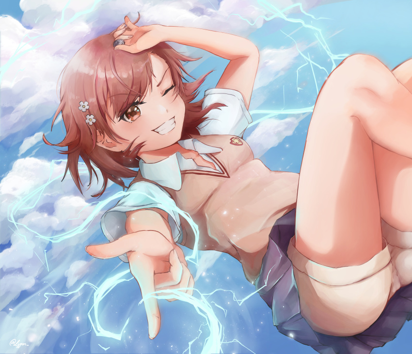 1girl absurdres biribiri brown_eyes brown_hair clouds collared_shirt eyebrows_visible_through_hair grey_skirt grin highres looking_at_viewer lygon miniskirt misaka_mikoto one_eye_closed pleated_skirt school_uniform shiny shiny_hair shirt short_hair short_shorts short_sleeves shorts shorts_under_skirt skirt smile solo to_aru_majutsu_no_index tokiwadai_school_uniform vest white_shirt wing_collar