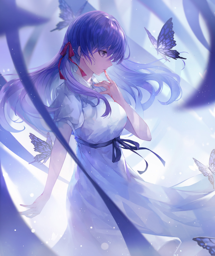 absurdres backlighting bangs black_ribbon blood bloody_hands blue_butterfly blurry blurry_foreground breasts bug butterfly closed_mouth crystalherb depth_of_field dress eyebrows_visible_through_hair fate/stay_night fate_(series) feet_out_of_frame finger_to_mouth from_side heaven's_feel highres insect long_hair looking_away matou_sakura medium_breasts photoshop_(medium) profile purple_hair revision ribbon short_sleeves standing symbol_commentary violet_eyes white_dress