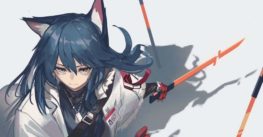 1girl alternate_costume animal_ears arknights bangs black_shirt blue_hair brown_eyes commentary dog_tags fixro2n grey_background hair_between_eyes highres holding holding_sword holding_weapon id_card jacket long_hair looking_at_viewer open_clothes open_jacket planted_sword planted_weapon shadow shirt simple_background solo sword texas_(arknights) upper_body weapon white_jacket wolf_ears