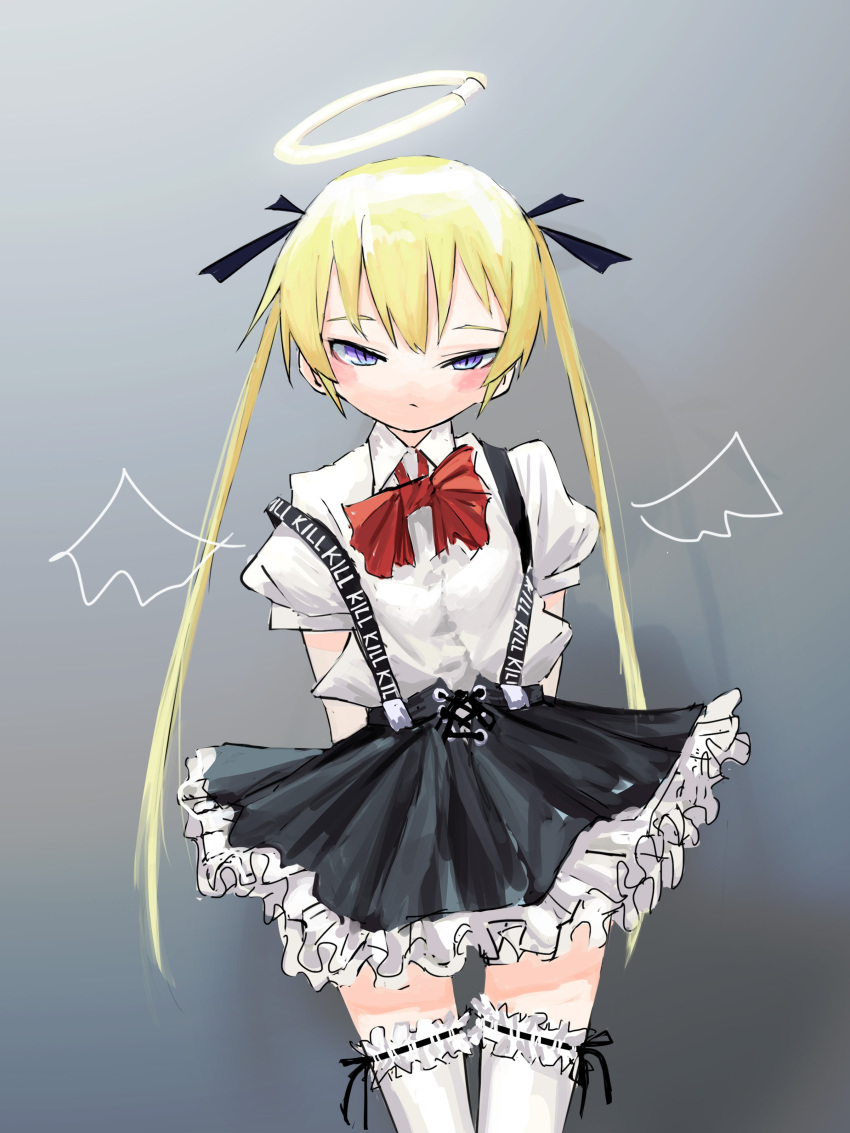 1girl absurdres black_skirt blonde_hair blush bow bowtie closed_mouth cowboy_shot drawn_wings halo highres kill_me_baby leg_garter long_hair looking_at_viewer nadegata puffy_short_sleeves puffy_sleeves red_bow red_neckwear shirt short_sleeves skirt solo sonya_(kill_me_baby) standing suspender_skirt suspenders thigh-highs twintails very_long_hair violet_eyes white_legwear white_shirt