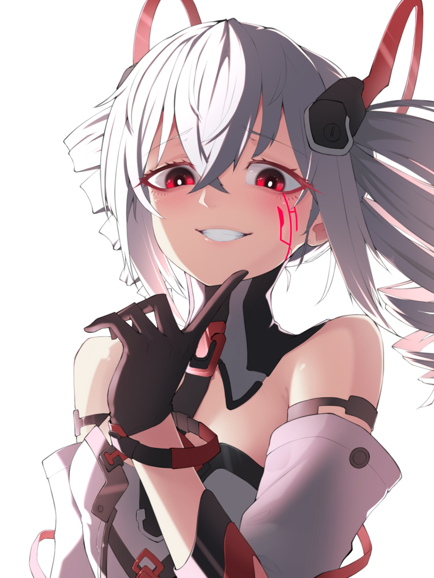 1girl bangs bare_shoulders black_gloves bronya_zaychik bronya_zaychik_(black_nucleus) commentary crossed_bangs detached_collar drill_hair facial_mark gloves grey_hair grin hair_ornament highres honkai_(series) honkai_impact_3rd long_hair looking_at_viewer patton_(cross-bones-t) red_eyes sidelocks smile solo twin_drills upper_body white_background