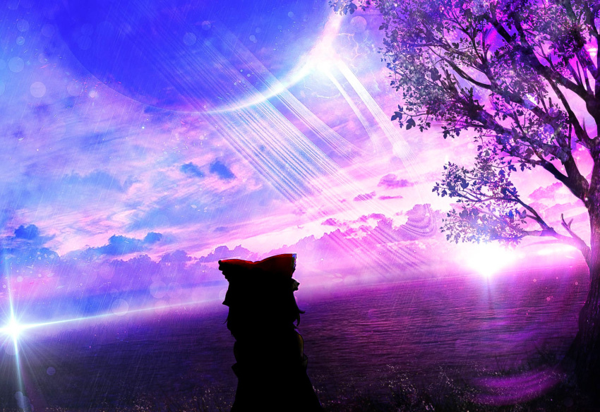 1girl akyuun clouds dutch_angle english_commentary engrish_commentary from_behind gradient_sky hakurei_reimu highres horizon lake landscape lens_flare limited_palette outdoors photoshop_(medium) planet planetary_ring scenery silhouette sky solo surreal touhou tree twilight