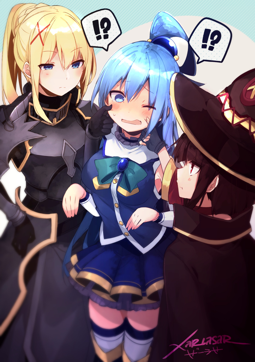 !? 3girls aqua_(konosuba) bangs blonde_hair blue_eyes blue_hair blush breasts brown_hair cheek_pull commentary darkness_(konosuba) eyebrows_visible_through_hair fingerless_gloves gloves hair_between_eyes hair_ornament hat highres kono_subarashii_sekai_ni_shukufuku_wo! long_hair megumin multiple_girls one_eye_closed open_mouth ponytail red_eyes shiny shiny_hair speech_bubble tied_hair witch_hat x_hair_ornament xarlasar