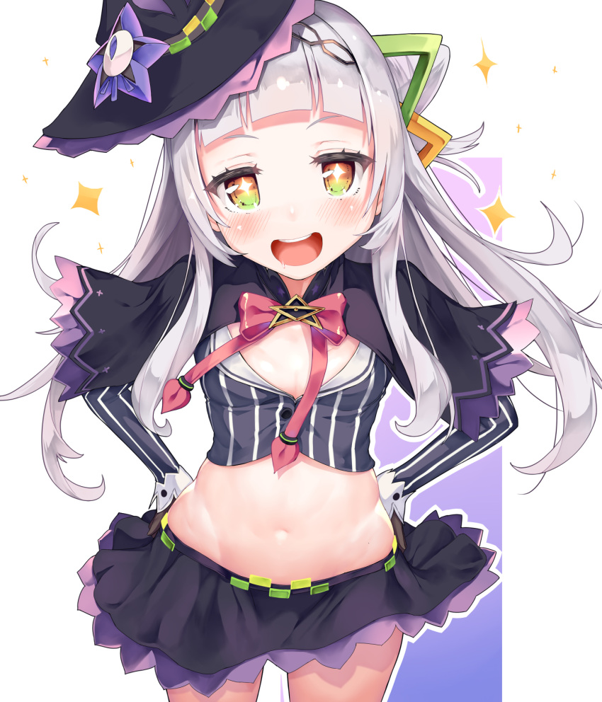 blush capelet crop_top hat highres hololive lavender_hair looking_at_viewer mogmog murasaki_shion navel open_mouth saliva simple_background sparkle sparkling_eyes virtual_youtuber white_background witch_hat yellow_eyes
