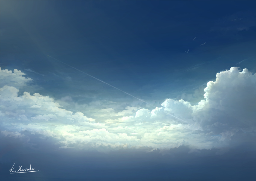 alu.m_(alpcmas) bird blue_sky clouds cloudy_sky condensation_trail no_humans original scenery signature sky sunlight