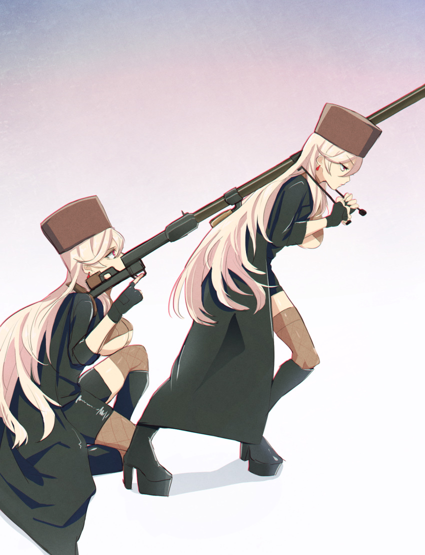2girls anti-materiel_rifle asymmetrical_legwear black_footwear black_jacket black_legwear blonde_hair boots breasts earrings eyebrows_visible_through_hair girls_frontline gun hat highres jacket jewelry large_breasts long_hair multiple_girls papakha ptrd-41 ptrd-41_(girls_frontline) red_earrings red_eyes rifle simple_background sitting sniper_rifle thigh-highs tuguoji weapon