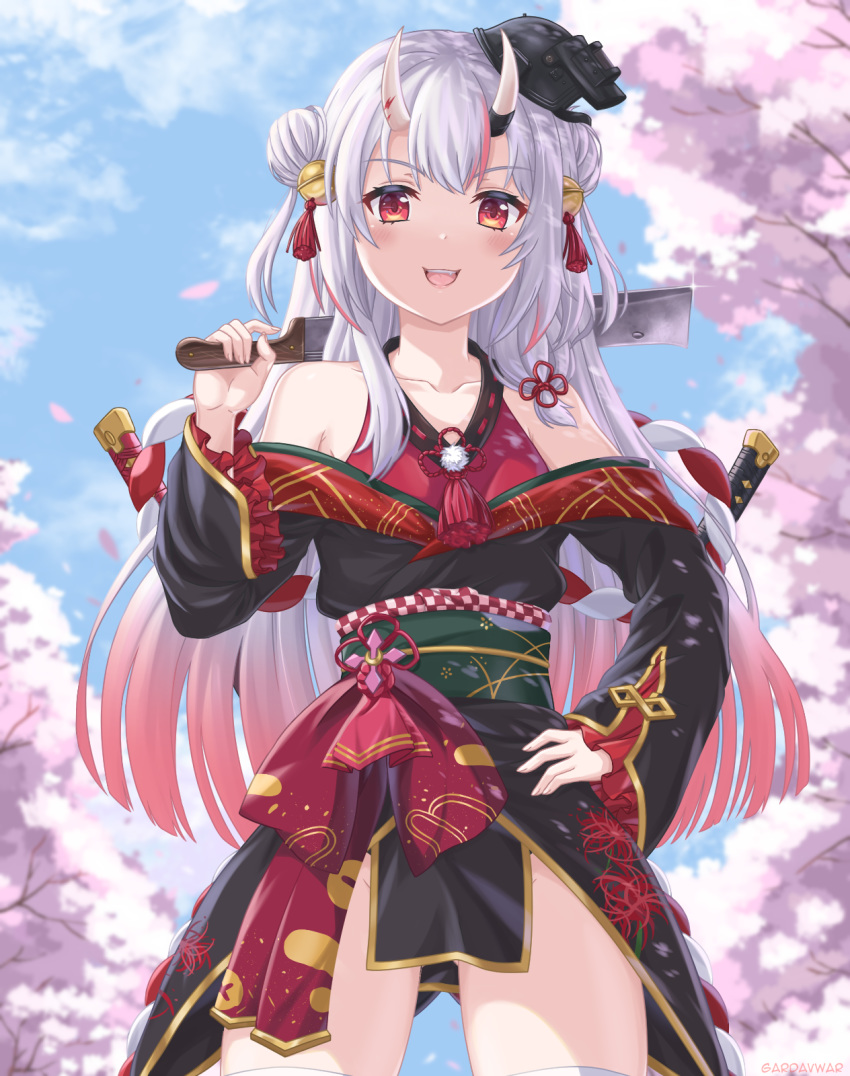 1girl blurry blurry_background cherry_blossoms collarbone hair_between_eyes hair_ornament highres hololive horns japanese_clothes looking_at_viewer machete nakiri_ayame oni_horns open_mouth silver_hair sky solo virtual_youtuber