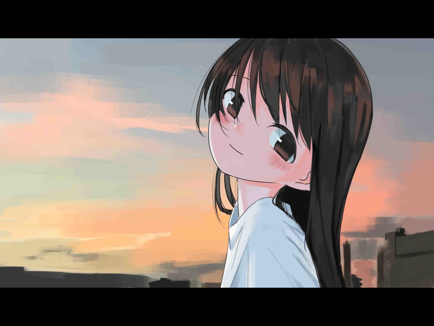 1girl absurdres blush brown_eyes brown_hair closed_mouth from_side highres letterboxed looking_at_viewer looking_to_the_side nadegata shirt sky smile solo white_shirt
