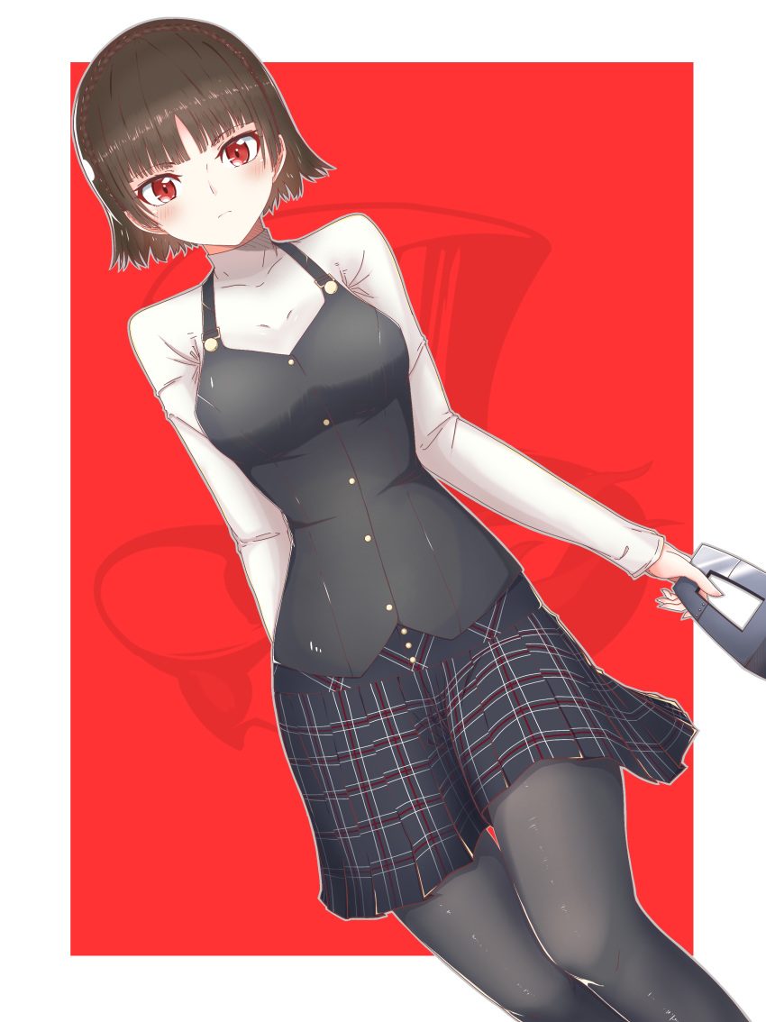 1girl absurdres bangs black_legwear black_skirt blunt_bangs blush brown_hair closed_mouth hachimitsu_shitate highres holding holding_mask looking_at_viewer mask miniskirt niijima_makoto pantyhose persona persona_5 plaid plaid_skirt pleated_skirt red_background red_eyes shiny shiny_hair shiny_legwear short_hair skirt solo standing sweater thigh_gap turtleneck turtleneck_sweater two-tone_background white_background white_sweater