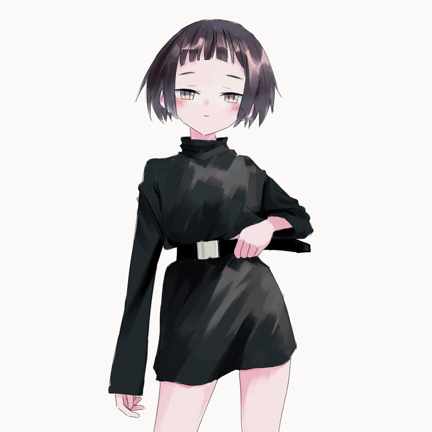 1girl absurdres belt black_jacket blush brown_eyes brown_hair closed_mouth contrapposto cowboy_shot grey_background highres jacket looking_at_viewer nadegata original simple_background solo standing