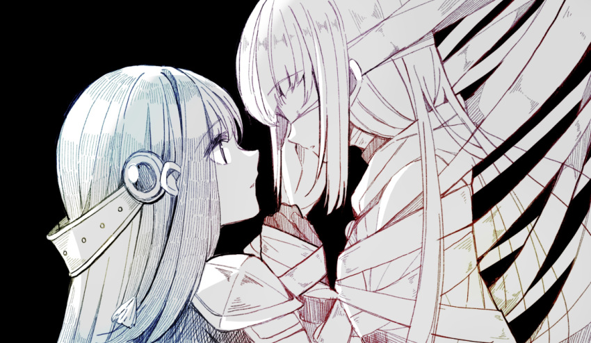 2girls armor arms_at_sides backlighting bandages bandages_over_eyes bangs black_background black_gloves blunt_bangs christy close-up covered_eyes dark_background expressionless eyebrows_visible_through_hair eyes_visible_through_hair face-to-face from_side giovanna_(madoka_magica) gloves hand_on_another's_cheek hand_on_another's_face jewelry long_hair looking_at_another looking_up magia_record:_mahou_shoujo_madoka_magica_gaiden mahou_shoujo_madoka_magica multiple_girls nanami_yachiyo own_hands_together parted_lips profile shaded_face shoulder_armor sidelocks simple_background spaulders straight_hair tamaki_iroha upper_body yuri