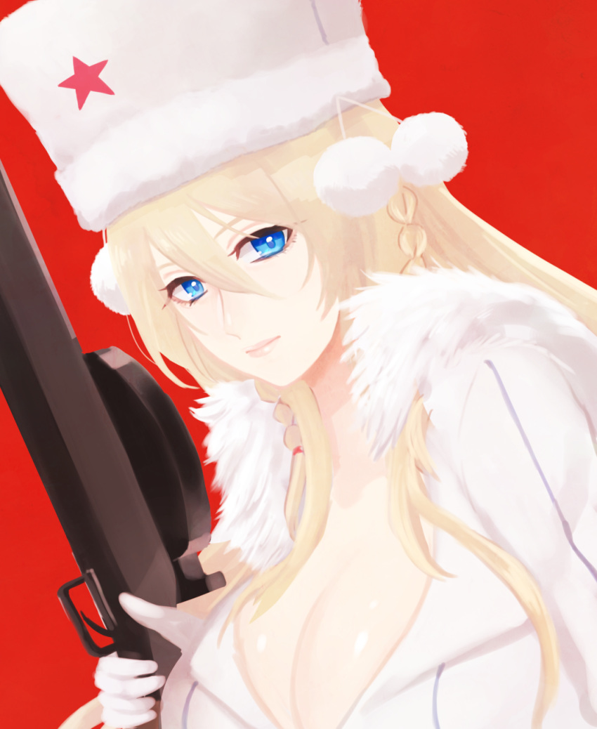 1girl blonde_hair blue_eyes braid breasts dp-28 dp28_(girls_frontline) eyebrows_visible_through_hair fur_collar girls_frontline gloves hair_between_eyes hand_on_weapon hat highres large_breasts long_hair looking_at_viewer papakha red_background solo tuguoji weapon white_gloves
