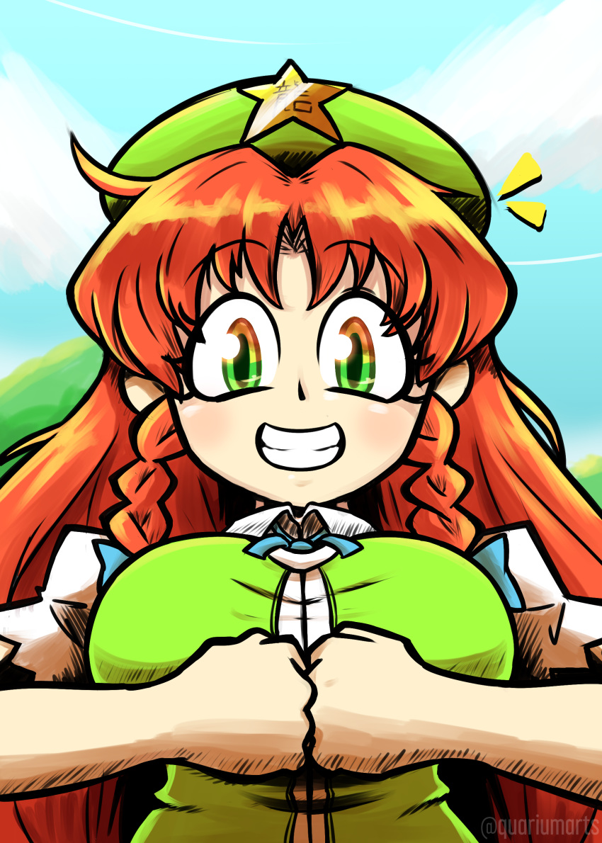 1girl absurdres braid breasts clenched_hand dress english_commentary eyebrows_visible_through_hair green_dress green_headwear grin hat highres hong_meiling long_hair looking_at_viewer medium_breasts multicolored multicolored_eyes quariumarts redhead short_sleeves side_braids sky smile solo star_(symbol) touhou twin_braids twitter_username upper_body