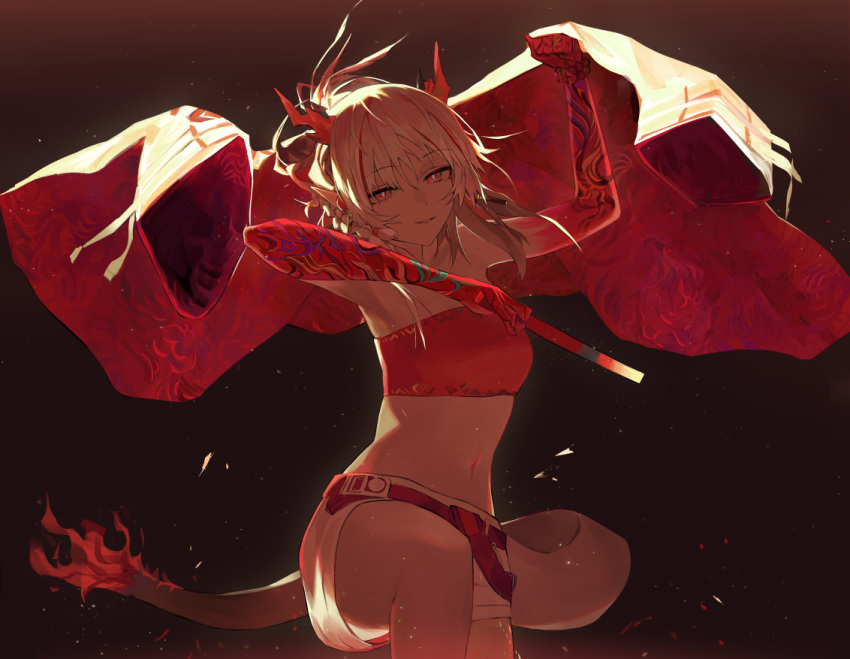 1girl arknights arm_up bandeau bangs bare_shoulders commentary_request eyebrows_visible_through_hair horns koio long_hair looking_at_viewer midriff navel nian_(arknights) red_eyes short_shorts shorts silver_hair smile solo stomach strapless tail tubetop white_shorts