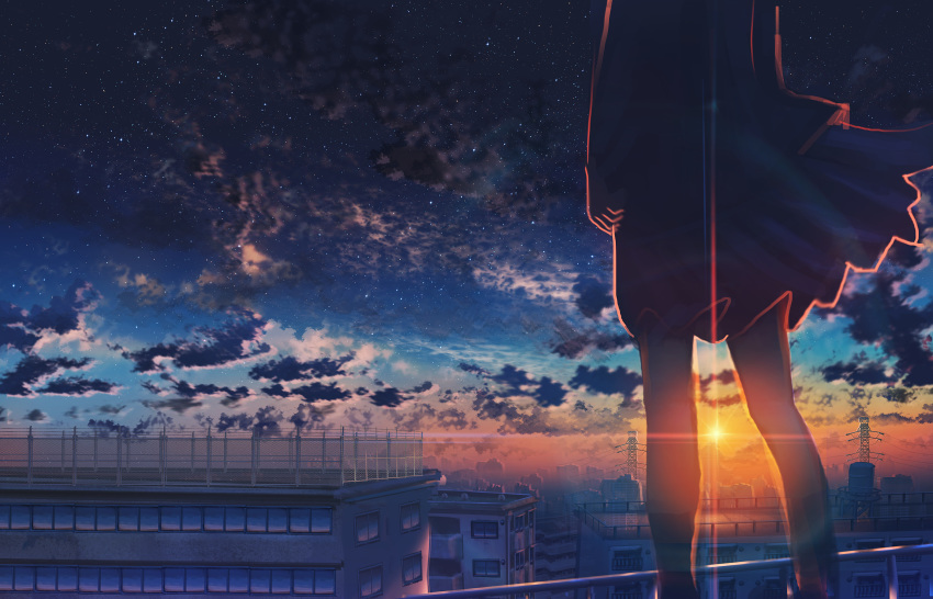 1girl apartment arms_at_sides balcony building chain-link_fence city cityscape clouds evening fence from_behind head_out_of_frame highres kenzo_093 legs night night_sky original power_lines railing rooftop scenery school skirt sky solo standing star_(sky) starry_sky sun water_tank wind wind_lift window