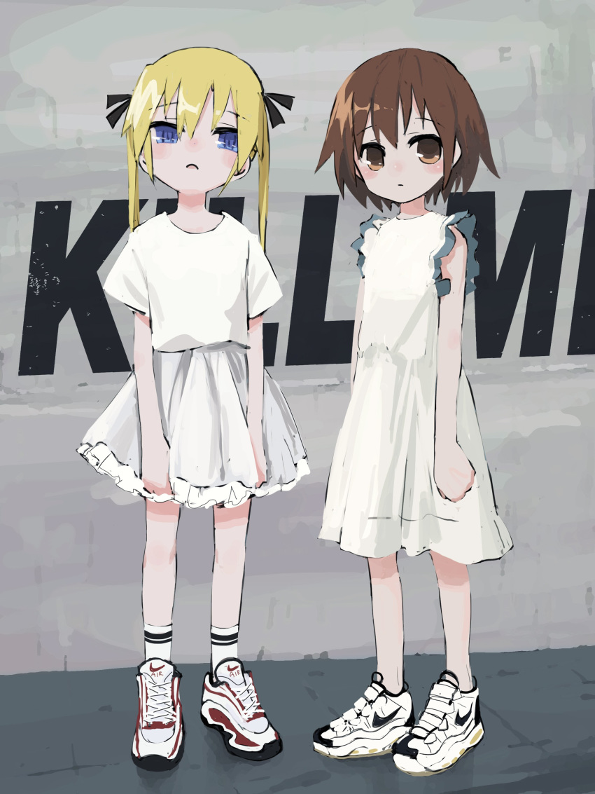 2girls absurdres blonde_hair blush_stickers brown_eyes brown_hair closed_mouth dress highres kill_me_baby looking_at_viewer multiple_girls nadegata oribe_yasuna shirt shoes short_sleeves skirt sonya_(kill_me_baby) standing twintails violet_eyes white_dress white_footwear white_legwear white_shirt white_skirt