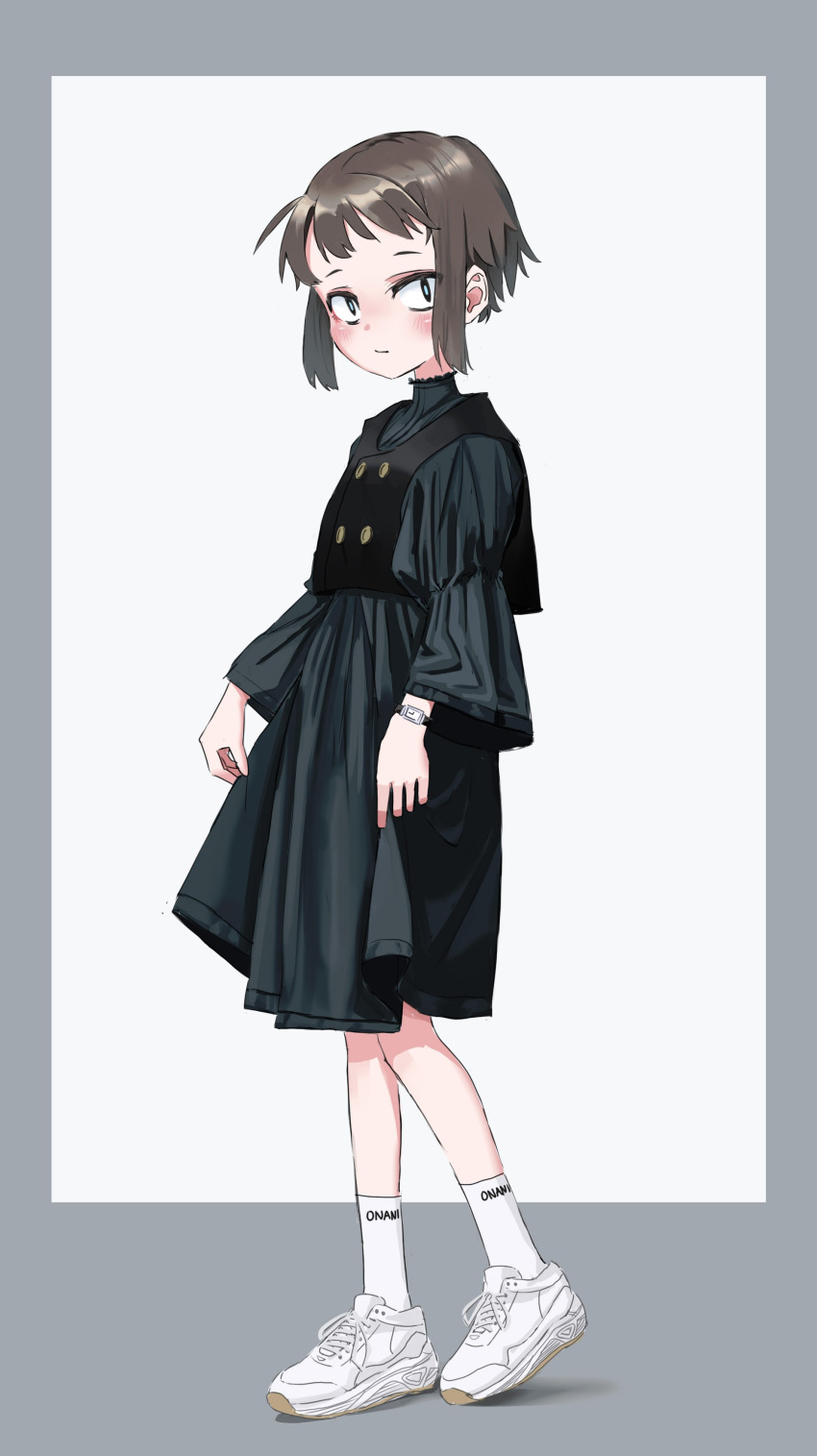 1girl absurdres black_dress black_vest blue_eyes border brown_hair closed_mouth double-breasted dress full_body grey_border highres long_sleeves looking_at_viewer nadegata original shoes short_hair socks solo vest watch watch white_background white_footwear white_legwear