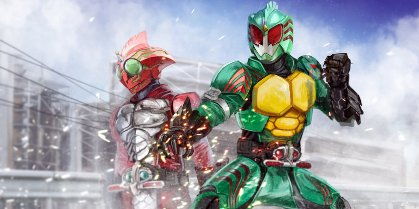 2boys fighting_stance green_eyes highres kamen_rider kamen_rider_amazon_alpha kamen_rider_amazon_omega kamen_rider_amazons looking_to_the_side multiple_boys open_hands power_armor power_lines red_eyes smoke tokusatsu yygnzm