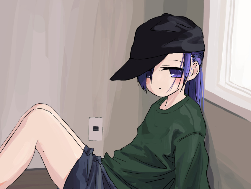 1girl absurdres black_headwear blue_shorts blush_stickers closed_mouth empty_eyes feet_out_of_frame from_side goshiki_agiri green_shirt hat highres kill_me_baby long_hair long_sleeves looking_at_viewer looking_to_the_side nadegata purple_hair shirt shorts sitting solo violet_eyes window