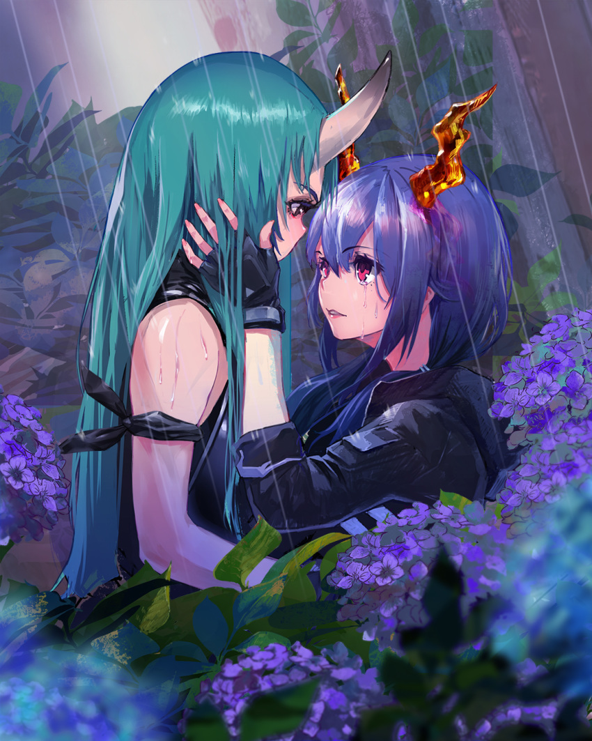 2girls arknights bangs bare_shoulders black_gloves blue_hair ch'en_(arknights) dragon_horns flower gloves green_hair hair_between_eyes hand_on_another's_face highres horns hoshiguma_(arknights) hydrangea jacket long_hair multiple_girls nimra oni_horns rain red_eyes single_horn sleeveless tears