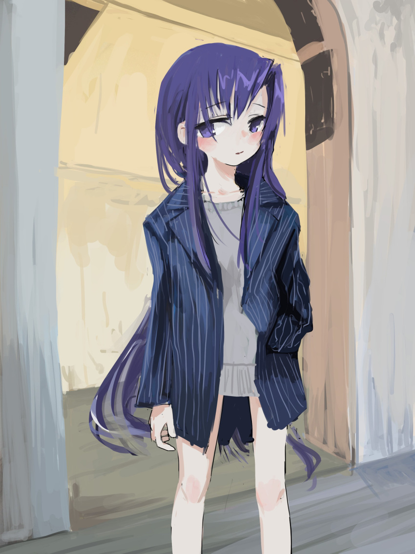 1girl absurdres blue_jacket blush closed_mouth goshiki_agiri grey_sweater hand_in_pocket highres jacket kill_me_baby long_hair long_sleeves looking_at_viewer nadegata open_clothes open_jacket purple_hair solo standing striped_jacket sweater very_long_hair violet_eyes