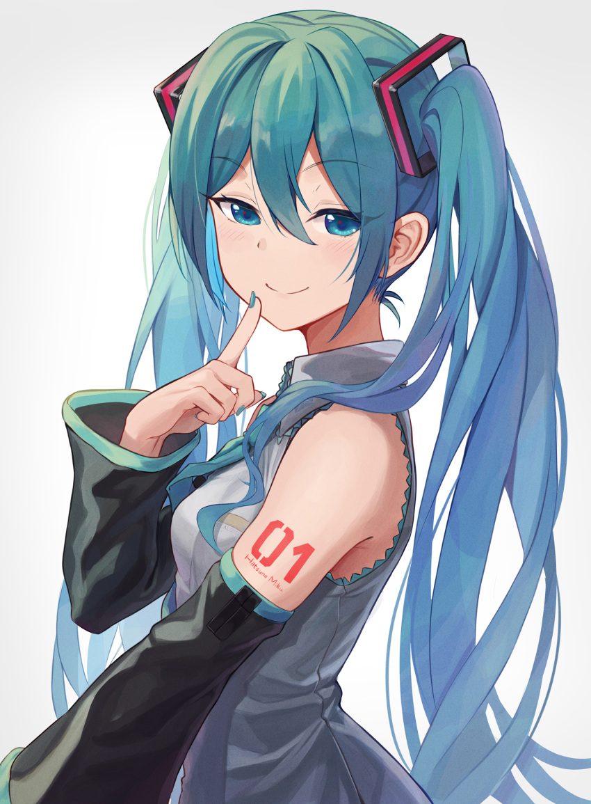1girl aqua_hair bare_shoulders bibboss39 blue_eyes detached_sleeves grey_shirt hair_between_eyes hair_ornament hand_up hatsune_miku highres index_finger_raised long_hair long_sleeves looking_at_viewer looking_to_the_side nail_polish shirt shoulder_tattoo sidelocks simple_background smile solo tattoo twintails upper_body vocaloid white_background